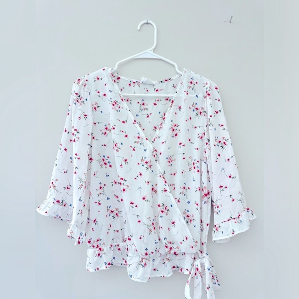 Floral Wrap Blouse - White with Red Accents